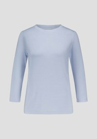 Lichtblauwe longsleeve t-shirt met een ronde hals. Gemaakt van gladde stof, heeft een getailleerde pasvorm en recht afgeknipte mouwen.