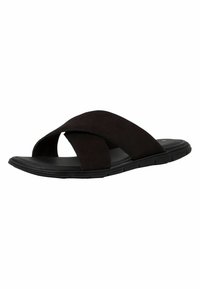 Le ciabatte nere presentano un design con cinturini incrociati realizzati in morbido suede, con una suola in gomma texturizzata per aderenza e comfort.
