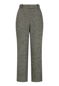 Graue Hosen mit Hahnentrittmuster, geradem Bein und hoher Taille. Mit Gürtelschlaufen und strukturierter Stoffqualität.