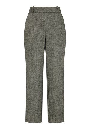 Gray houndstooth patterned trousers with a straight-leg cut and a high waist. Features belt loops and a textured fabric.