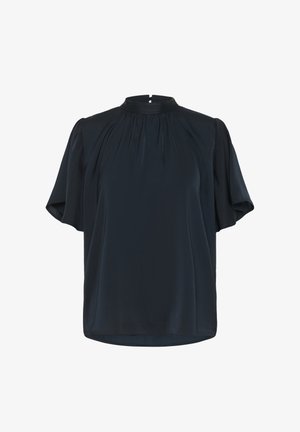 Blusa negra de mangas cortas y cuello alto, con pliegues en los hombros y una tela ligera y suave. Corte simple y relajado.