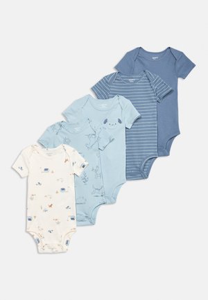 Five short-sleeve baby bodysuits in blue shades and cream, featuring solid, striped, and animal-themed prints, arranged overlapping on white background.