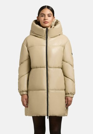 Beige puffer coat with a high collar, front zipper, and ribbed cuffs. Quilted design with a smooth, shiny texture.