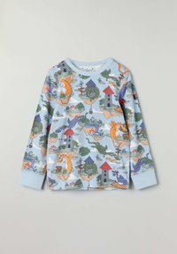 Langærmet lyseblå skjorte med fantasifulde illustrationer af slotte, drager og landskaber i flere farver og mønstre.