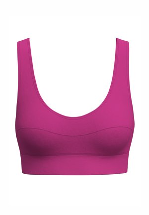 Roze bralette met brede bandjes en een ronde halslijn. Gemaakt van gladde, rekbare stof met naaddetails bij de buste en onderband.