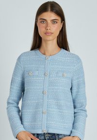 Cardigan azzurro chiaro con un motivo texture, scollatura rotonda e dettagli di bottoni decorativi. Presenta due tasche frontali e maniche lunghe.