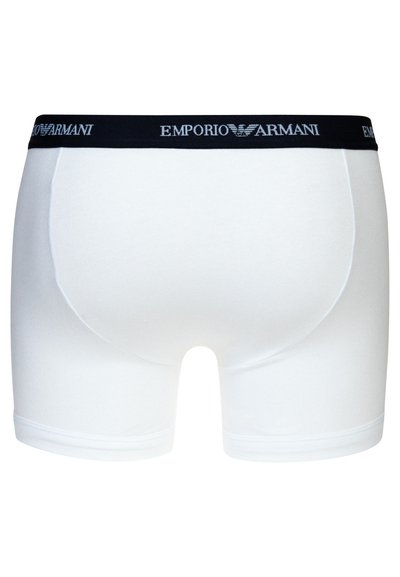 Boxeri din bumbac alb, cu un tiv negru, având logo-ul "Emporio Armani" în argintiu. Textură netedă, cu design cu picior scurt.