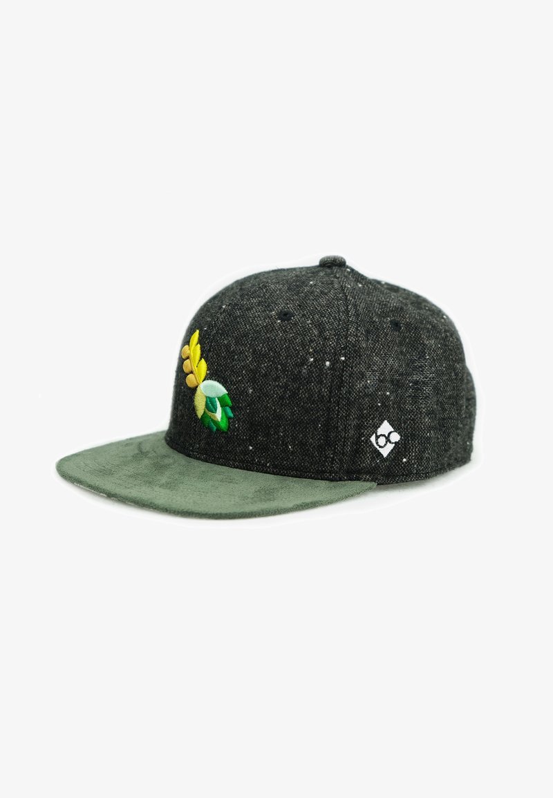 Casquette snapback gris foncé tachetée avec une visière en daim verte, motif de feuilles brodé coloré à l'avant, et petit logo blanc sur le côté.