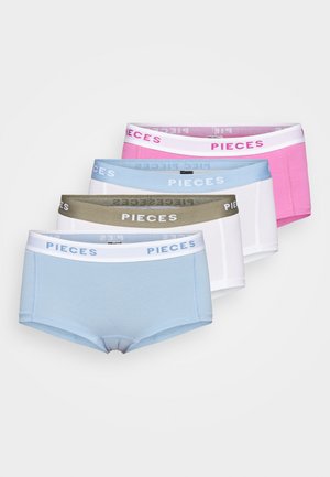 Cinci perechi de lenjerie intimă, dintr-un amestec moale de bumbac, în culorile albastru, roz, alb, măsliniu și albastru deschis, cu brățări elastice contrastante cu inscripția "PIECES".