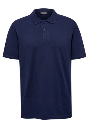 Navyblauw polo t-shirt van een katoenmix. Heeft een klassieke kraag, een knoopsluiting met twee knopen en korte mouwen. Gladde textuur.