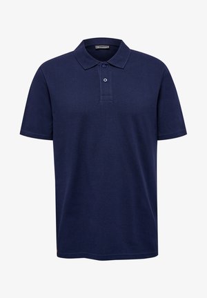 Navyblauw polo t-shirt van een katoenmix. Heeft een klassieke kraag, een knoopsluiting met twee knopen en korte mouwen. Gladde textuur.