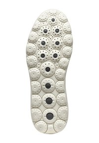 Suola di scarpa in gomma bianca con indentature circolari e accenti neri, progettata per la traspirabilità con una superficie testurizzata per una migliore presa.