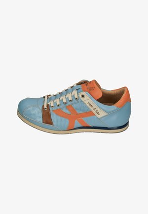 Light blue sneaker with orange accents, white laces, perforated sides, brown detail near toe, and "Kamo-Gutsu" branding on side.