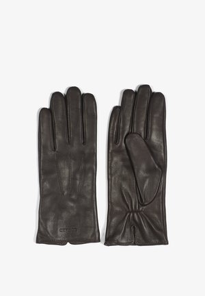 Gants en cuir marron avec cinq doigts, au design épuré et à la texture lisse. Ils présentent des coutures décoratives et un poignet élastiqué pour un bon ajustement.