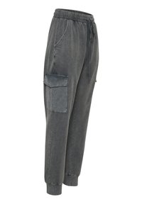 Pilkos medvilnės džinsai su elastingu juosmeniu, raišteliu, šoninėmis kišenėmis ir dideliu cargo kišeniu kairėje šlaunyje. Minkšta tekstūra.