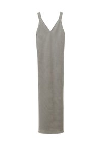 Schwarz-weiß kariertes Midikleid mit dünnen Trägern und V-Ausschnitt, gefertigt aus glattem, leichtem Stoff und in taillierter Silhouette.