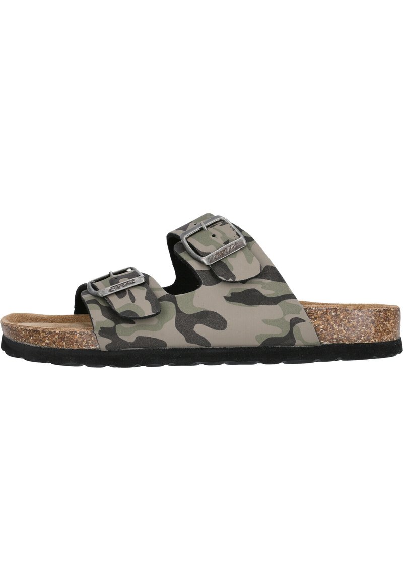 Sandal mit camouflage-muster, ausgestattet mit zwei verstellbaren Riemen, metallischen Schnallen und einem Korkfußbett mit einer schwarzen Gummisohle.