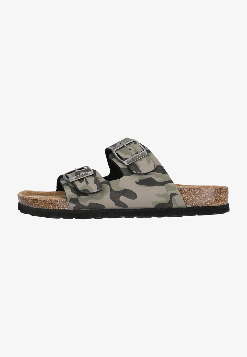Sandal med camouflage-mønster og to justerbare remme, metalspænder samt en korksål med en sort gummisål.