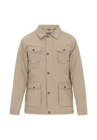 Beige jakke lavet af et glat stof, med en kravehals, fire forlommer og trykknaplukninger.