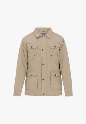 Beżowa kurtka wykonana z gładkiego materiału, z kołnierzykiem, czterema kieszeniami z przodu oraz zapięciem na zatrzaski.