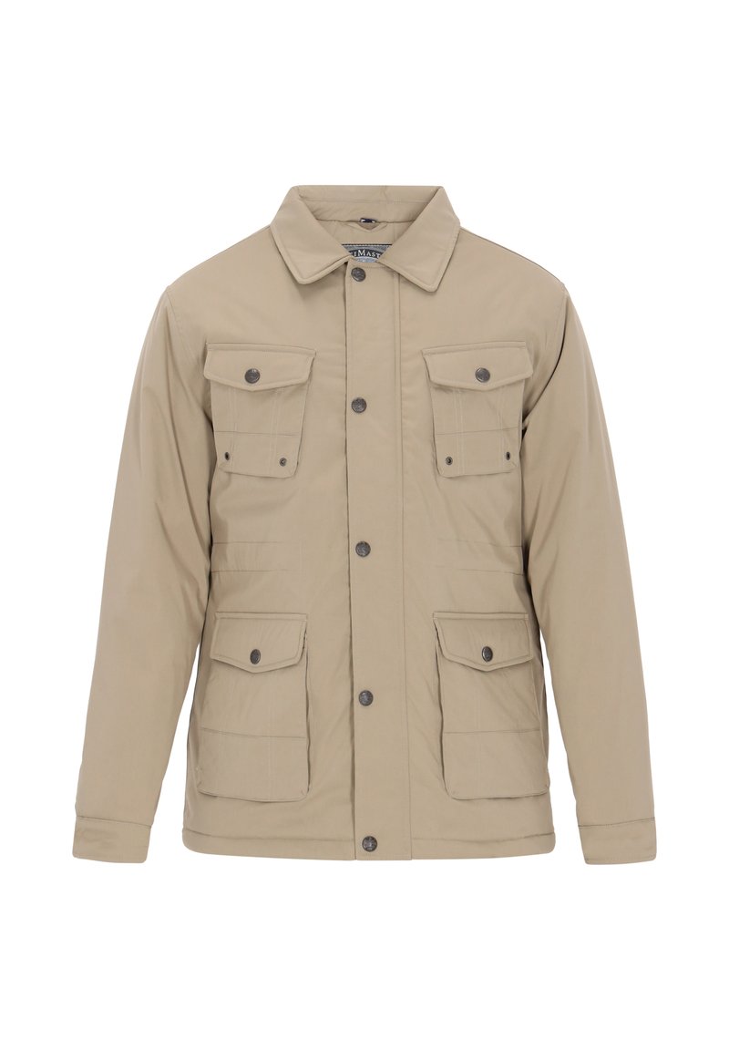 Beige jakke lavet af et glat stof, med en kravehals, fire forlommer og trykknaplukninger.