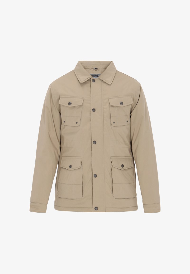 Beige jakke lavet af et glat stof, med en kravehals, fire forlommer og trykknaplukninger.