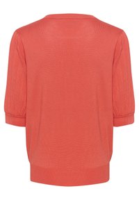 Korallefarbener, kurzärmeliger Strickoberteil mit gerippten, aufgeschlagenen Ärmeln und Bündchen, zeigt die Rückseite mit einer glatten Textur.