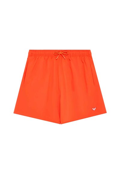 Pantalones cortos de baño de color naranja brillante con cintura elástica y cordón. Cuenta con bolsillos laterales y un pequeño logo en el lado inferior derecho.