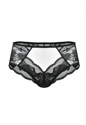 Czarne koronkowe majtki z kwiecistym wzorem, nieprzezroczystą przednią częścią, falbaniastymi brzegami oraz elastycznym pasem dla odpowiedniego dopasowania i komfortu.