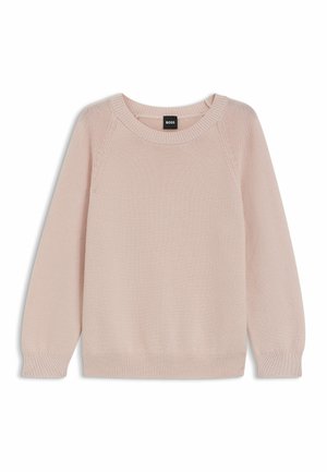 Maglione a maglia rosa chiaro con scollo rotondo a coste e maniche lunghe. Presenta un motivo testurizzato e polsini e orlo a coste aderenti.