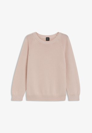 Maglione a maglia rosa chiaro con scollo rotondo a coste e maniche lunghe. Presenta un motivo testurizzato e polsini e orlo a coste aderenti.