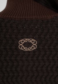 Brun strikket genser med ribbestrikket krage og chevron-mønster. En brodert kremfarget logo er plassert midt på ryggen.