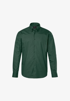 Camicia da uomo a maniche lunghe verde scuro con colletto abbottonato e un sottile motivo a pois, esposta su sfondo bianco.