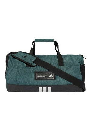 Borsa da palestra Adidas verde petrolio e nera con tracolla, manici, patch con logo frontale e tre strisce bianche sul bordo inferiore.