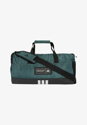 Borsa da palestra Adidas verde petrolio e nera con tracolla, manici, patch con logo frontale e tre strisce bianche sul bordo inferiore.