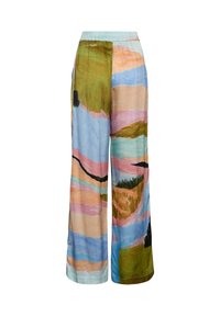 Szerokie spodnie z elastycznym paskiem w talii, ozdobione abstrakcyjnym nadrukiem inspirowanym krajobrazem w pastelowych odcieniach niebieskiego, różowego, zielonego i beżu.