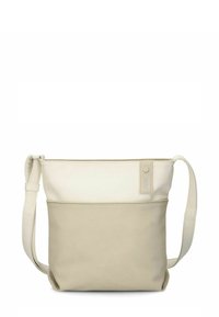 Borsa a tracolla in pelle beige con una texture liscia, dotata di apertura superiore con zip, tracolla regolabile e tasca frontale con etichetta logo.