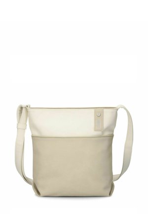 Beige Leder-Crossbody-Tasche mit glatter Textur, ausgestattet mit einem Reißverschluss oben, verstellbarem Riemen und einer Fronttasche mit Logoschild.