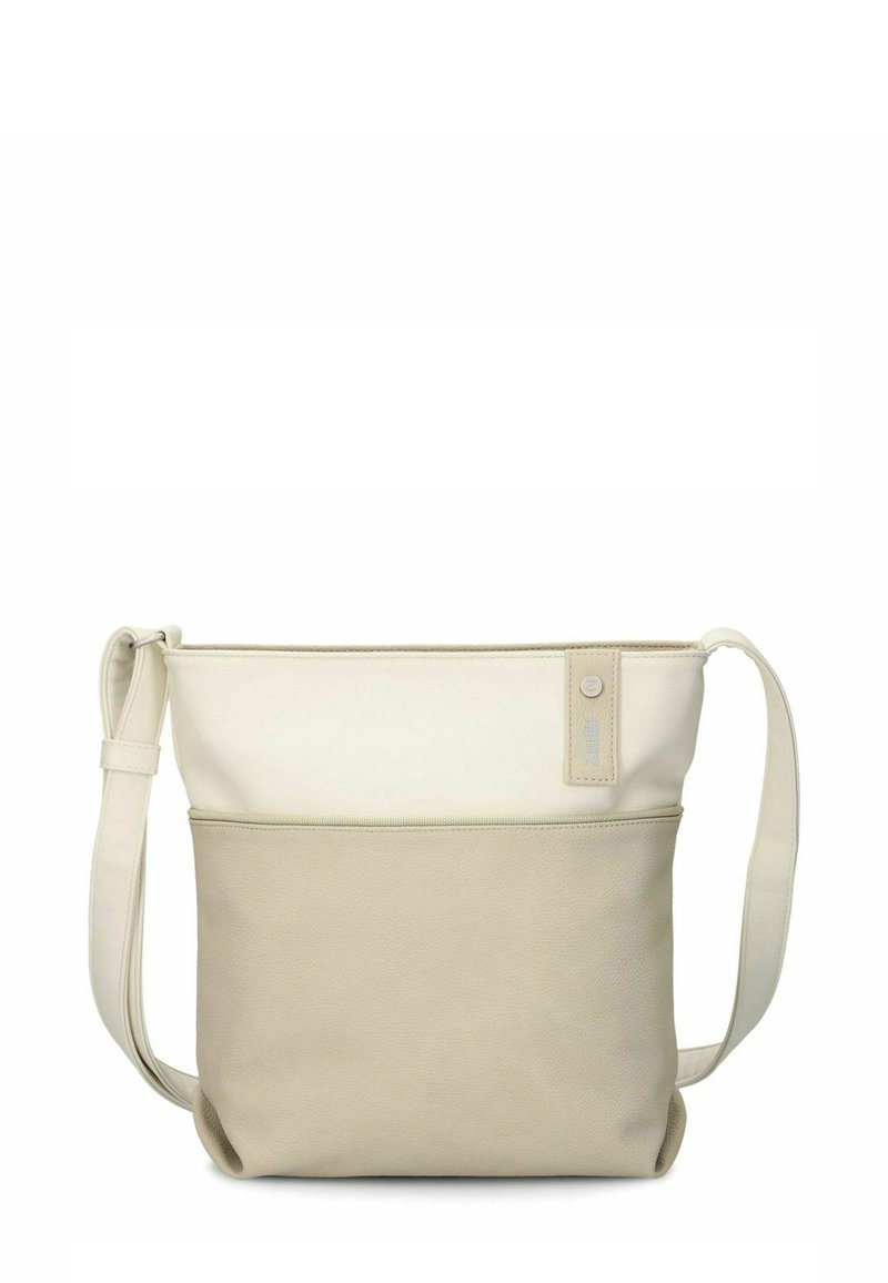 Borsa a tracolla in pelle beige con una texture liscia, dotata di apertura superiore con zip, tracolla regolabile e tasca frontale con etichetta logo.