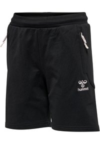 Svarta shorts i bomullsblandning med dragsko i midjan, sidofickor och broderad logotyp på framsidan. Slät textur.