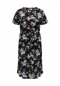 Floral dress with short sleeves in black fabric. Features blue and brown flowers, a v-neckline, and a cinched waist with a tie.