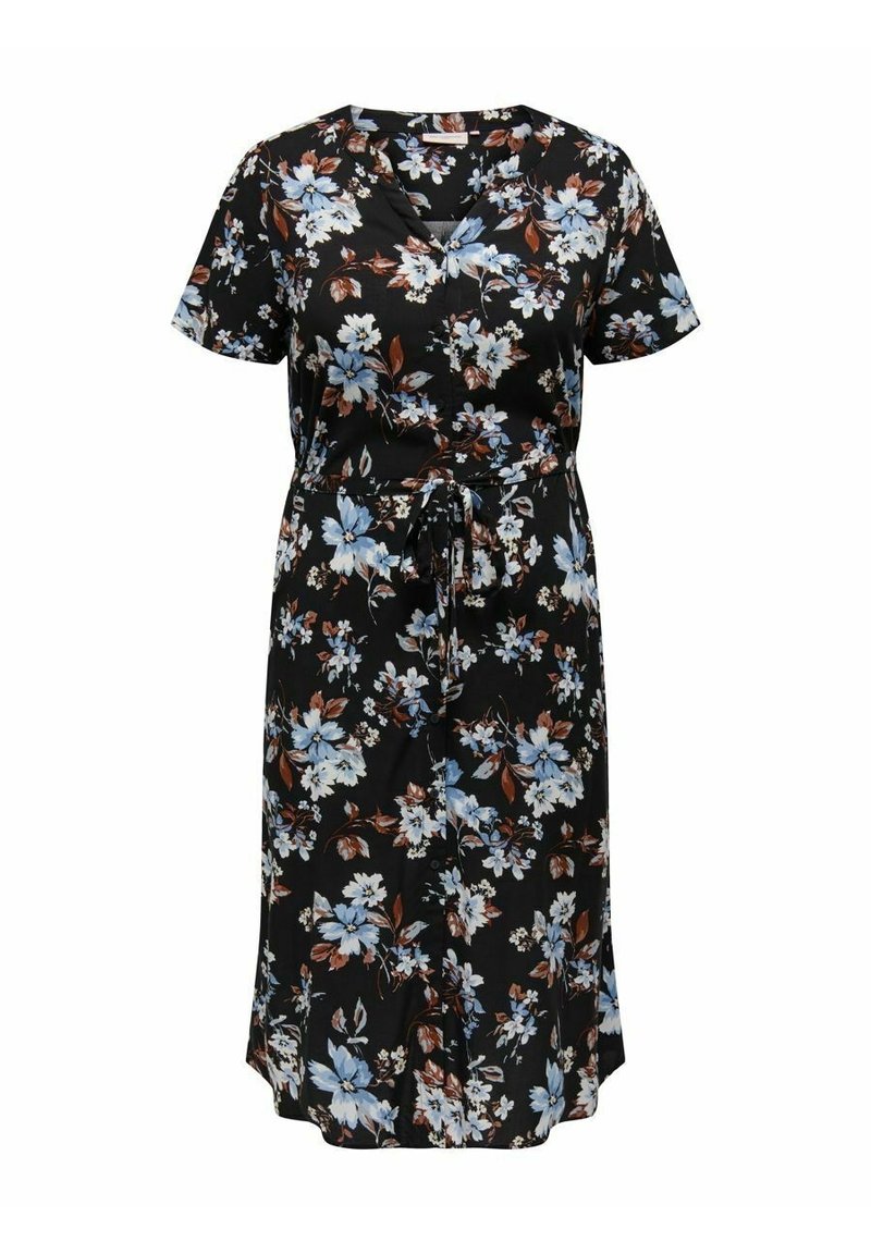 Floral dress with short sleeves in black fabric. Features blue and brown flowers, a v-neckline, and a cinched waist with a tie.