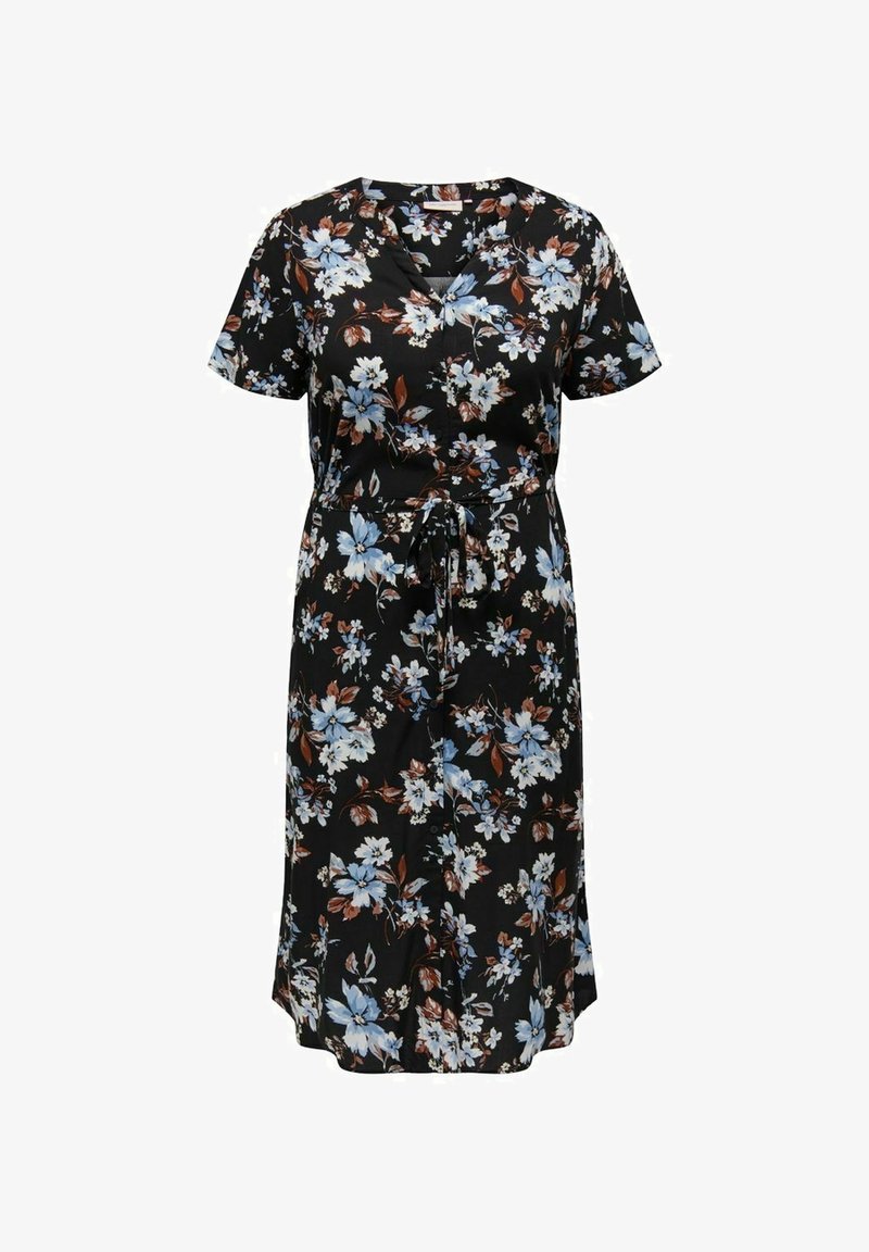 Květinové šaty s krátkým rukávem z černé látky. Mají modré a hnědé květiny, výstřih do V a zúžený pas se šňůrkou.