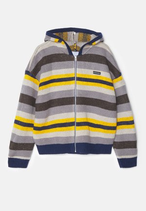 Sweat à capuche zippé en tricot rayé gris, bleu marine et jaune. Doté de poignets et d'un ourlet en côtes, avec une petite étiquette sur le côté gauche.