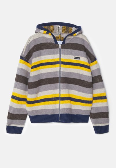 Pelēks, tumši zils un dzeltenās svītrās adīts kapucis ar rāvējslēdzēju. Tam ir ribotie piedurkņu un apakšmalas gali, ar mazu birku kreisajā pusē.