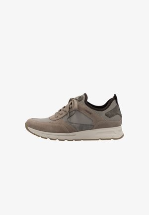 Light brown athletic shoe made of suede and mesh. Features textured accents, a cushioned sole, and a rounded toe. Laces in the front.