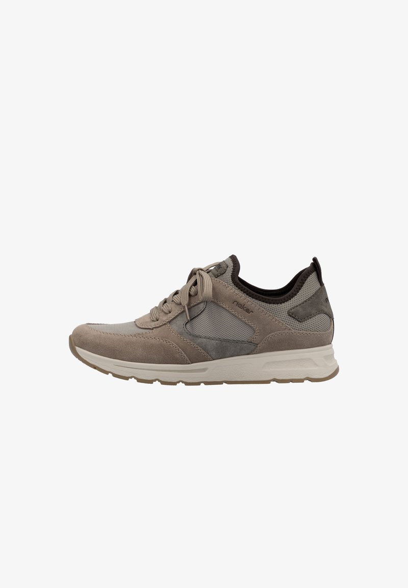 Light brown athletic shoe made of suede and mesh. Features textured accents, a cushioned sole, and a rounded toe. Laces in the front.