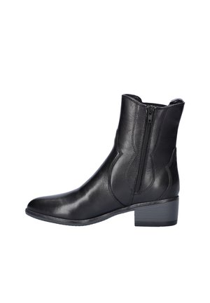 Bottine en cuir noir avec un bout pointu, fermeture éclair latérale et un petit talon carré. Texture lisse et détails cousus sur la tige.