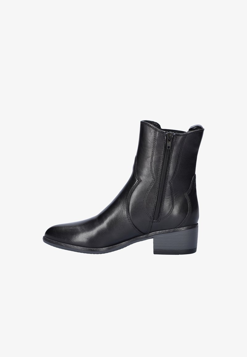 Zwarte leren enkellaars met een puntige neus, zijrits en een lage blokhak. Gladde textuur en gestikte details op de bovenkant.