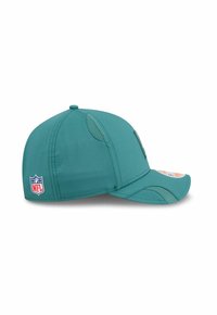 Teal baseball cap with a curved visor, mesh panels for ventilation, and an NFL logo patch on the side. Smooth fabric texture.